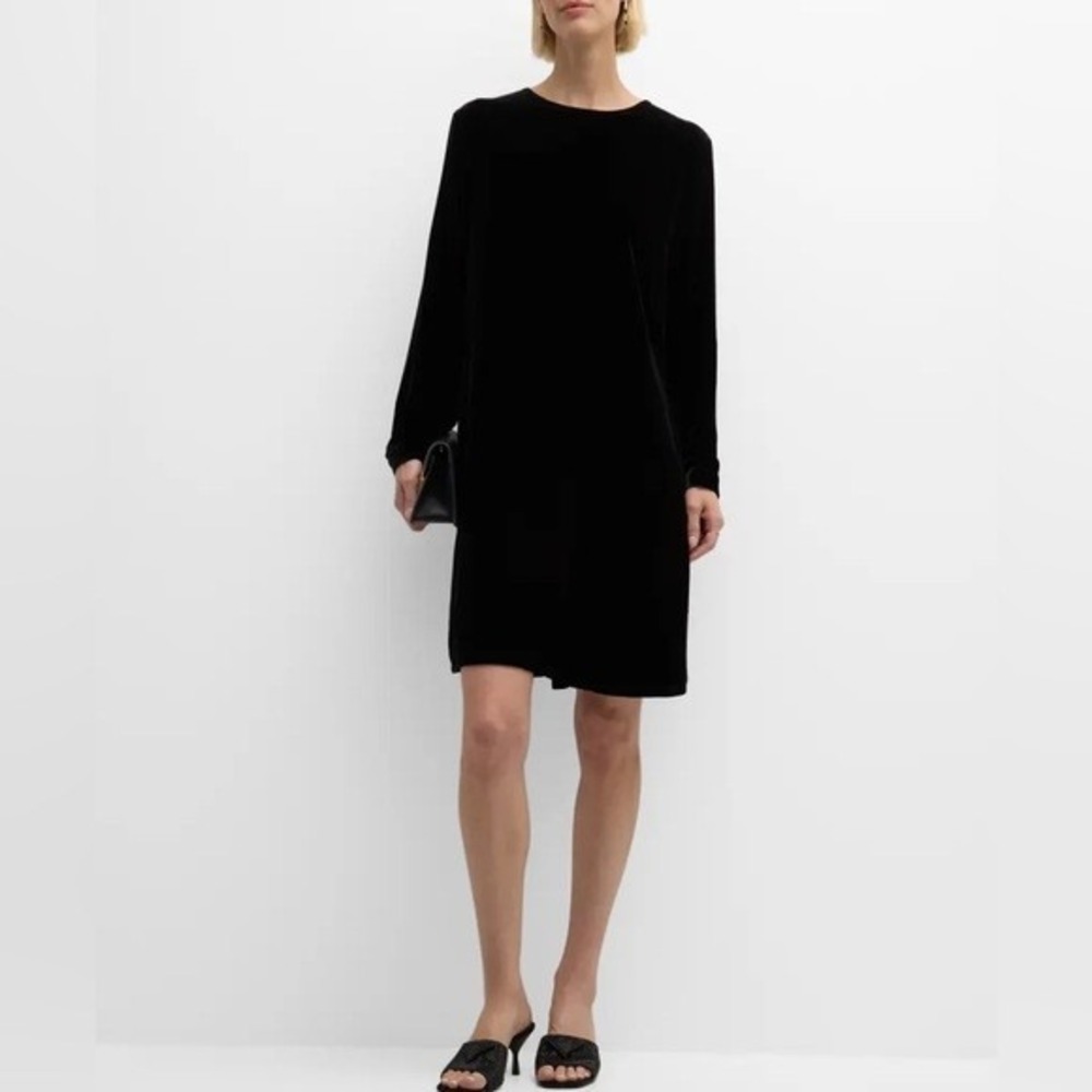 Eileen Fisher Long Sleeve Velvet Mini Shift Dress Black Size Large L NEW